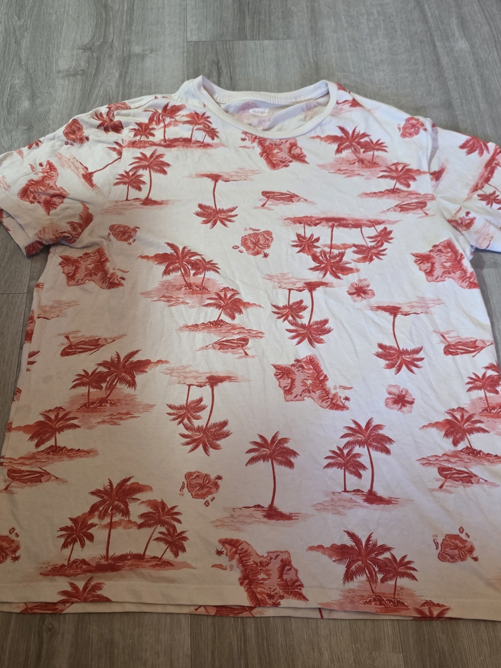 Old Navy White T-Shirt with Red Tropical Palm Print